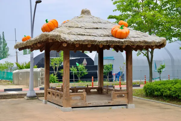 Incheon, Güney Kore - 19 Mayıs 2025: Suhyangwon yakınlarındaki bir kır sazdan çatı pavyonu çatısının tepesinde eğlenceli balkabağı süslemeleri barındırıyor ve yakınlardaki çiftlik ve seraların yanında mevsimlik bir cazibe de ekliyor..