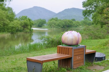 Namyangju City, South Korea - May 19th 2025: A bench adorned with a lotus flower sculpture offers a tranquil riverside rest spot in Namyangju Water Garden, surrounded by wetlands and forested hills.
