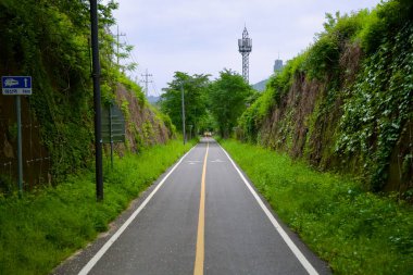 Yangpyeong County, South Korea - May 19th 2025: A paved bike path flanked by vine-covered slopes leads out of Kigok Tunnel, with a sign indicating Asin Station is 1 km ahead on the Han River trail.