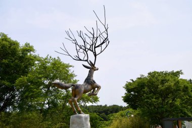 Uljin İlçesi, Güney Kore - 31 Mayıs 2025: Soyut, ağaç dallı boynuzlu bir geyik heykeli Sunrise Plaza 'da belirgin bir şekilde duruyor ve doğal sembolü sanatsal yorumla birleştiriyor..
