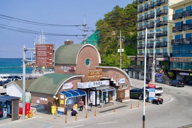 Gangneung, Güney Kore - 1 Haziran 2025: Jeongdongjin 'deki eğri çatılı tuğla istasyon, deniz kenarında bir yolun kenarında, doğu denizi kıyısında, tatil beldeleri ve güneşli bir sahneyi çerçeveleyen kıyı çam ağaçlarının yanında yer alır..