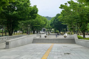 Gongju, Güney Kore - 13 Haziran 2025: Dokunsal kaldırımlı ve basamaklı bir taş geçit, yapraklı ağaçların arasından Gongju Ulusal Müzesi 'nin cam girişine doğru iki ziyaretçi yaklaşırken,.