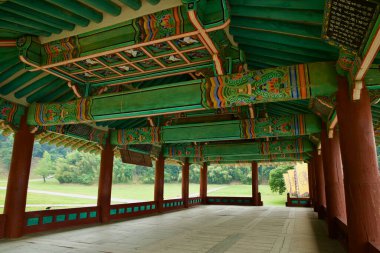 Gongju, Güney Kore - 13 Haziran 2025: Zengin boyalı kirişler ve Gong Dağı Kalesi 'ndeki geleneksel bir pavyonun açık hava düzeni çimenli tarlalara ve sancaklara göz yumuyor.