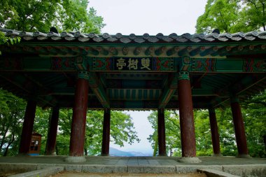 Gongju, Güney Kore - 13 Haziran 2025: Saamru Pavyonu, Gongsanseong Kalesi 'nin tepesine yakın her tarafta açık duruyor, panoramik manzaralı sığınak ve seramikli çatısı altında karmaşık ahşap mimari sunuyor..