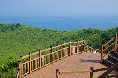 Seongsan Ilchulbong 'daki ahşap bir zirve güvertesi okyanusun ötesindeki yeşil krater ve kenarına bakar; güvenlik işaretleri ve parmaklıklar görüş açısının kenarındaki merdiveni oluşturur..