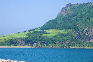 Çimenli otlaklar Seongsan Ilchulbong 'un alt yamacına, küçük bir körfez ve kıyı şeridi boyunca görülebilen sarp kayalıklara doğru tırmanıyor..