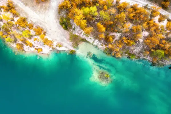 Havadan bakıldığında nehrin ormandaki güzel sonbahar manzarası. Sonbaharda ormandaki turkuaz suyla birlikte dağ nehrinin drone görüntüsü..