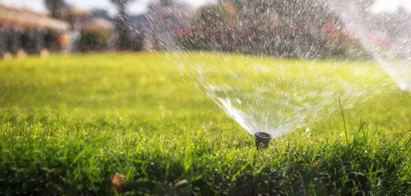 Irrigatie Sprinkler Water Geven Van Het Groene Gazon Het Park — Stockfoto