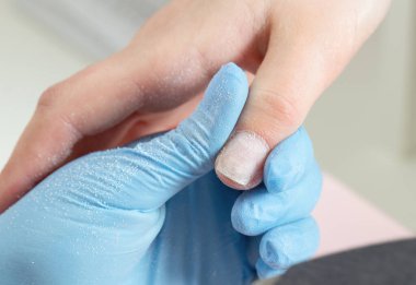 Güzellik salonunda manikür işlemi. Mavi eldivenli manikürcünün tırnakları cilalanmış..