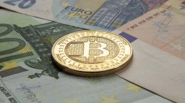 Avroya altın Bitcoin. Yakın plan.