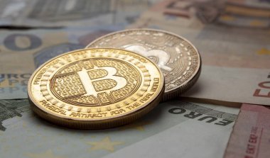 Avroya altın Bitcoin. Yakın plan.