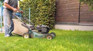 Bahçıvan bahçede bir çim biçme makinesiyle çimleri biçiyor..