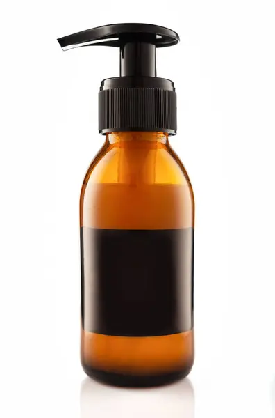 Dark Cosmetic Amber Glass Bottle Dispenser Isolated White Background — Stock Photo, Image