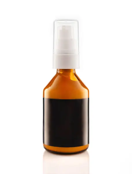 Dark Cosmetic Amber Glass Bottle Black Label Isolated White Background — Stock Photo, Image