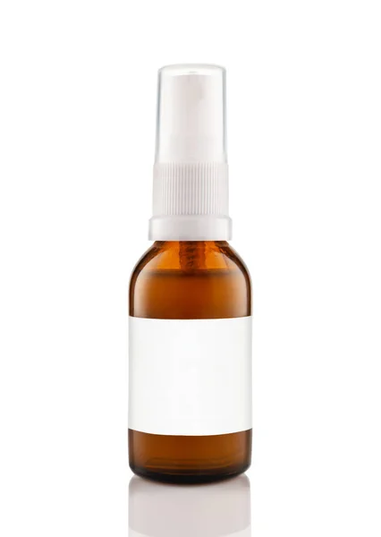 Dark Cosmetic Amber Glass Bottle White Label Isolated White Background — Stock Photo, Image