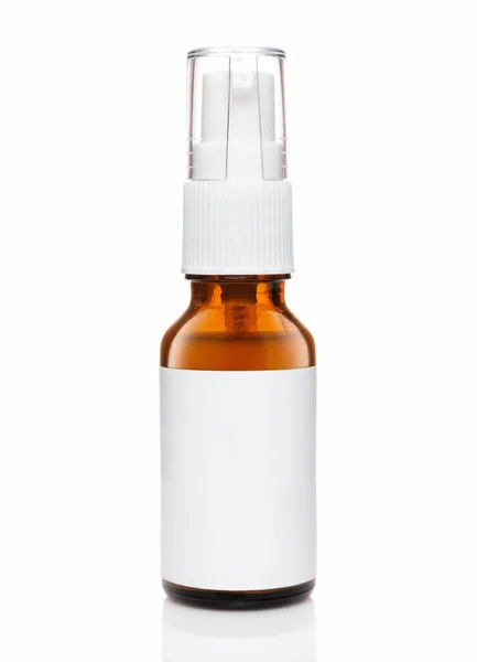 Botella Vidrio Ámbar Cosmético Oscuro Con Etiqueta Blanca Aislada Sobre —  Fotos de Stock