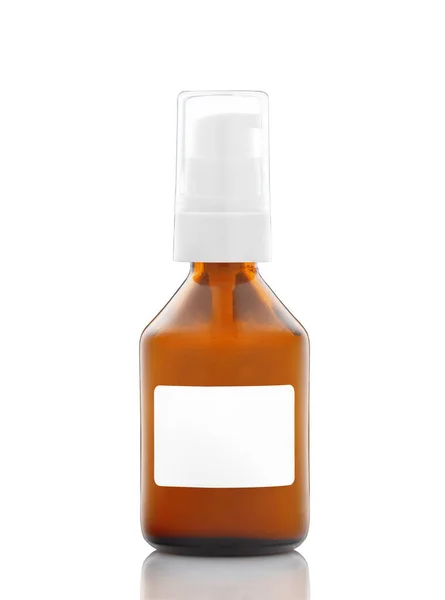 Dark Cosmetic Amber Glass Bottle White Label Isolated White Background — Stock Photo, Image