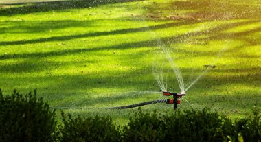 Otomatik sulama sistemi parktaki çimleri spreyliyor. Bahçe konsepti.