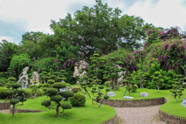 Toplar, yeşil çimenler ve mor çiçekler şeklinde çalıları olan bir botanik bahçesinin güzel manzarası..