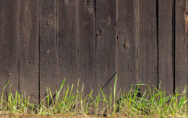 Yanında yeşil çimenler büyüyen koyu ahşap çitler..