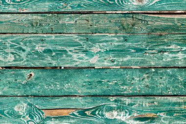 Eski bir çitin ahşap dokusu boyanmış yeşil kırsal tahtalardan yapılmış.
