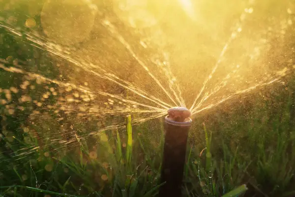 Automatic lawn sprinkler watering the lawn close up during sunrise. Irrigation system.