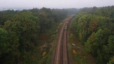 Boş vagonları olan yük treni ormandaki demiryoluna çıkıyor. Hava görünümü.