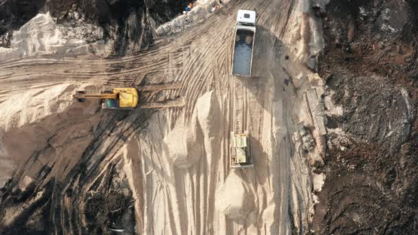 Excavation Work Construction Site Aerial Top View Bulldozer Excavator Truck — Stock Video