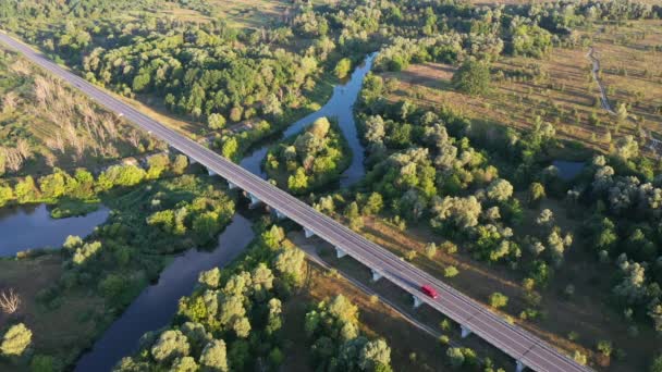 从空中看 汽车桥与过路的汽车在河上穿行 静态无人驾驶飞机射击 — 图库视频影像