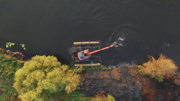 Bulldozer Río Realiza Dragado Recuperación Del Río Video Aéreo — Vídeos de Stock