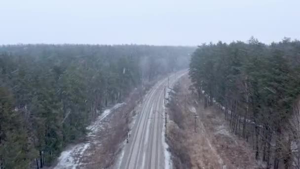 Drone Voando Sobre Uma Ferrovia Queda Neve Pesada Ferrovia Floresta — Vídeo de Stock
