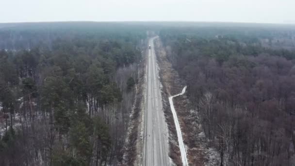 Widok Lotu Ptaka Pociąg Towarowy Jednym Wagonem Jadącym Zimowym Lesie — Wideo stockowe