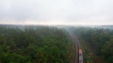 Sisli ormanda demiryolu ile seyahat eden elektrikli tren. Hava aracı görünümü.