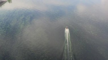 Yeşil alglerle nehir boyunca hızla giden bir motorlu teknenin hava görüntüsü. İnsansız hava aracıyla bir tekneyi kovalamak..