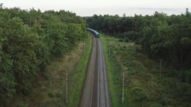 Yeşil ormandan geçen bir yük treninin hava görüntüsü. Kargo teslimatı. Yük taşımacılığı.