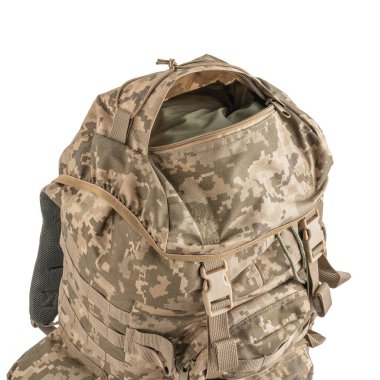 Piksel kamuflajlı ordu sırt çantası. Taktik askeri sırt çantası. Üst görünüm.