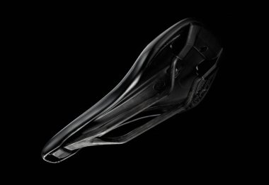 Bisiklet eyeri, siyah arka planda anatomik delik olan spor bisikleti eyeri. Alt görünüm.