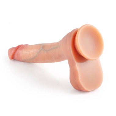 Professional product photograph of flesh-colored realistic dildo featuring enhanced suction base design. Clean isolated studio image on white background for commercial use