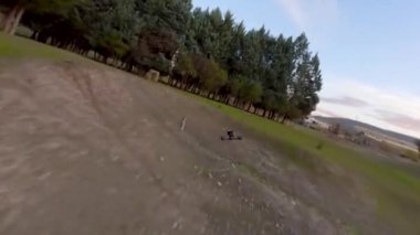 FPV insansız hava aracı alçaktan ve hızlı uçuyor kayalardan ve ağaçlardan kaçıyor, açık havada.