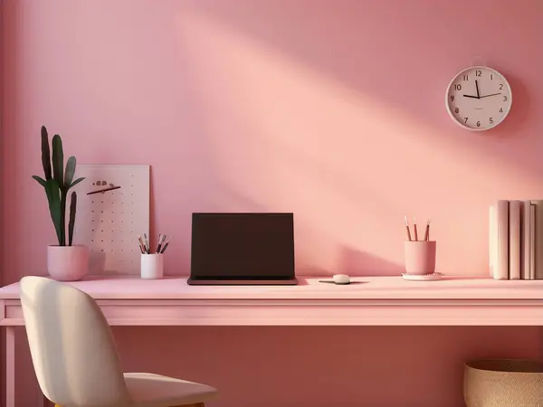 interior of modern office, comfortable workplace with pink computer, books, cup and potted plant on desk