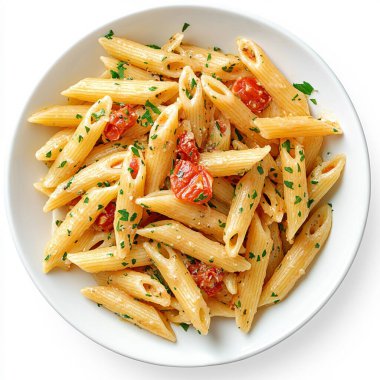  Beyaz arkaplanda maydanozlu sarımsaklı makarna fotoğrafı, yakın plan, katı beyaz zemin, odaklı ışıklandırma.