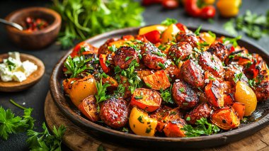 Sosis, tatlı patates, kırmızı dolma biber, sarı dolma biber, zeytinyağı, füme paprika, feta peyniri ve maydanoz yapraklarından oluşan profesyonel yemek fotoğrafçılığı. Septe 'nin sıcak tonlarını çağrıştıran bir tabakta veya ayrı tabakta güzelce hazırlanmış.