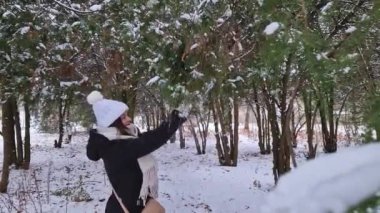 Kış parkında, neşeli genç bir kadın, thuja ağacının dallarını sallıyor, kar altında eğleniyor.