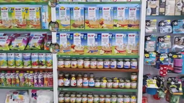 Ungheni Moldova December 2023 View Pharmacy Stocked Shelves Baby Food — Stock Video