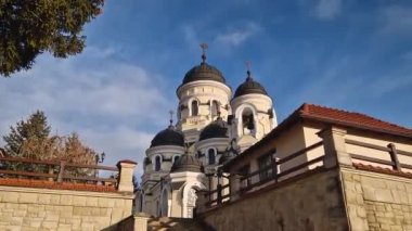 Capriana Monastery outdoors view. Traditional Christian Orthodox church located in Republic of Moldova. Eastern Europe basilica traditional architectural style