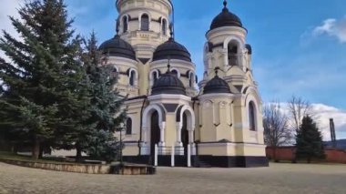 Capriana Monastery outdoors view. Traditional Christian Orthodox church located in Republic of Moldova. Eastern Europe basilica traditional architectural style