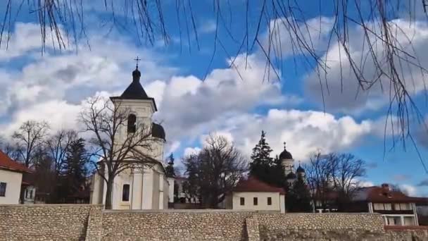 Capriana Monastery Yard View Bell Tower Foreground Traditional Christian Orthodox — Stock videók