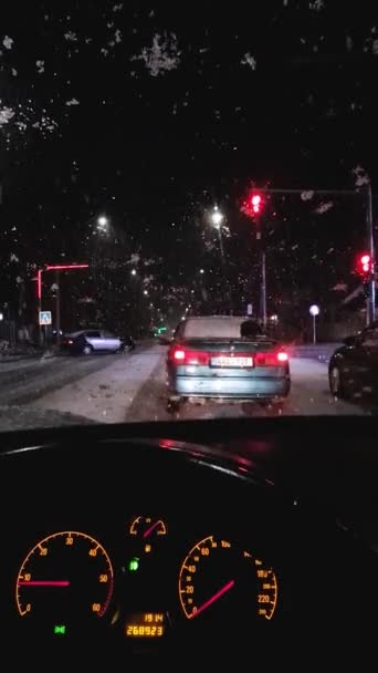 ユニセフ モルドバ January 2024 スノーフレークは 夜のドライブ中に車のフロントガラスに落ちる 冬の雪の嵐の屋外の眺めは車窓から見たように眠りました — ストック動画