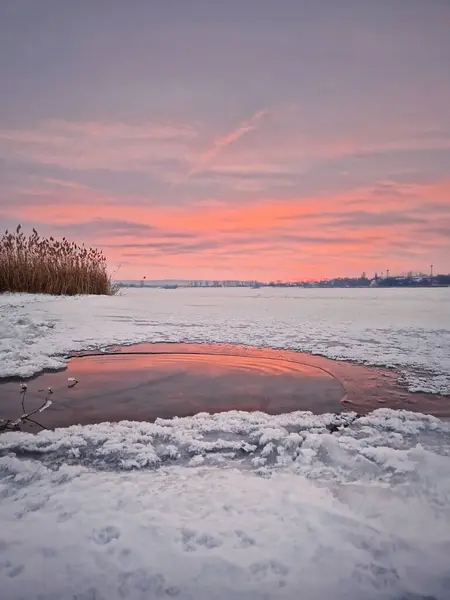 Pink winter sunset over the frozen lake in a snowy da