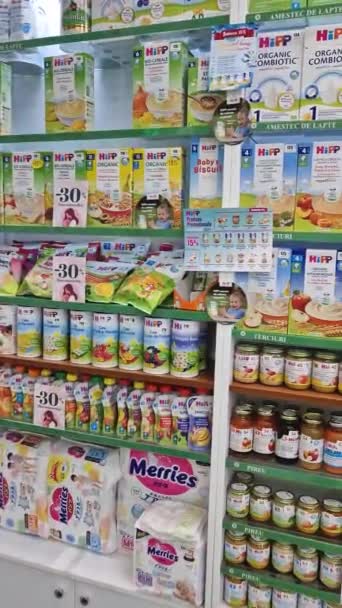 Ungheni Moldova March 2024 Pharmacy Stocked Shelves Baby Food Feeding — Stock Video
